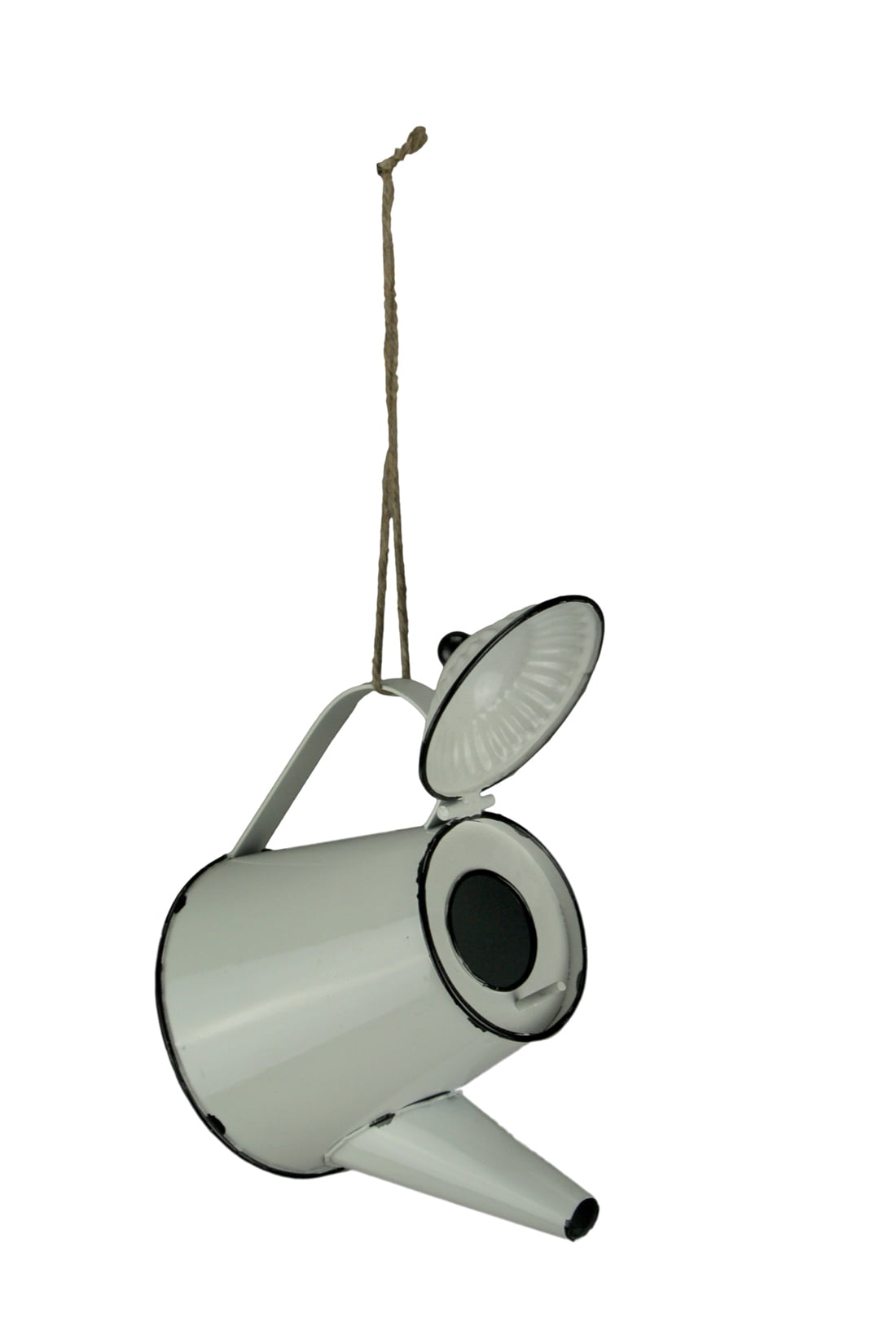 White Enamel Metal Teapot Hanging Birdhouse