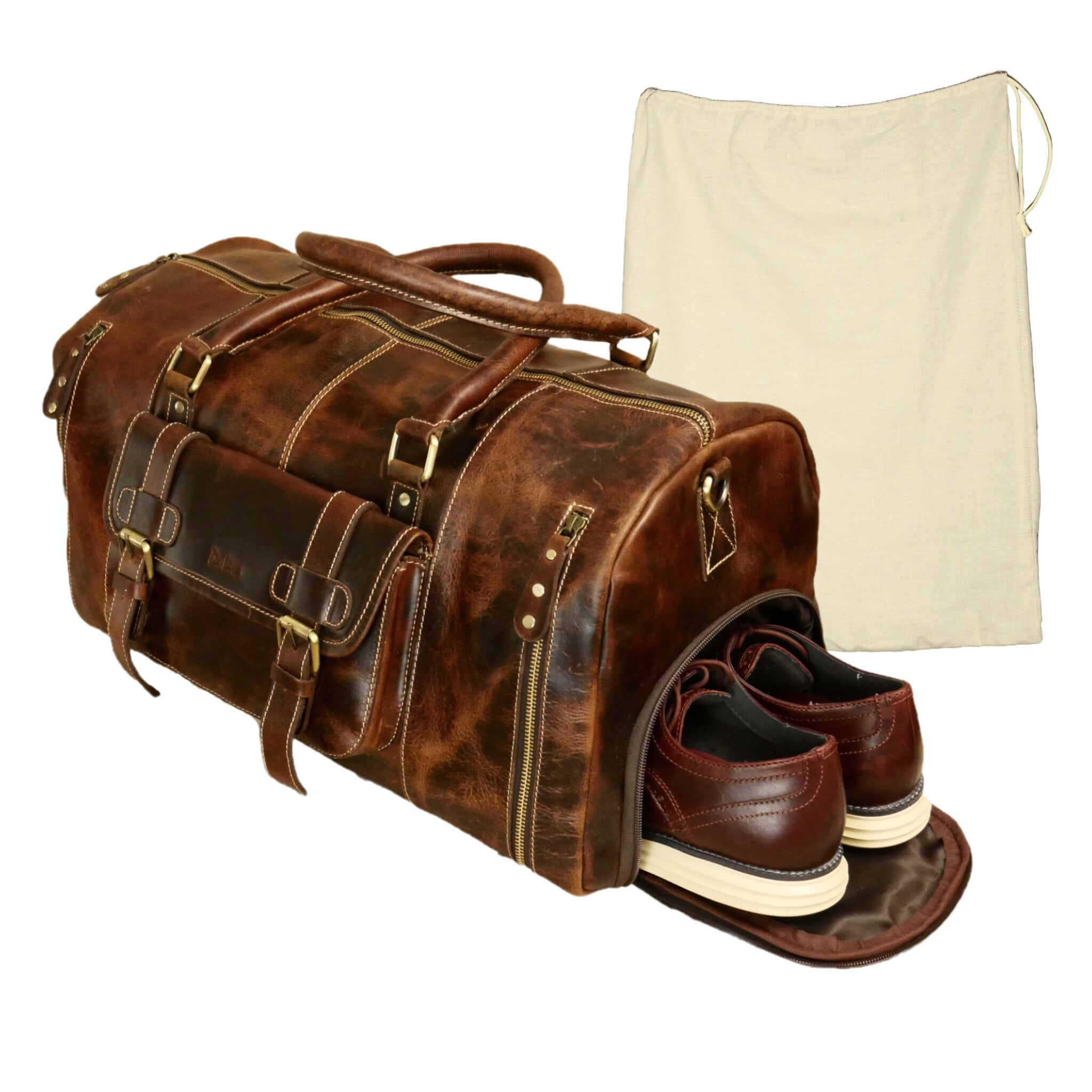 De Lira Genuine Full Grain Leather Carry on Travel Duffel Bag 21x11x10 with Trolley Straps, Shoe Compartment, Shoulder Strap - Heritage Brown