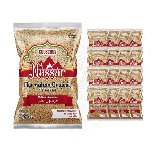 De Mi Pais Marmahon Couscous, Handmade, Whole Wheat Pearls, Middle Eastern Pantry, 14 Oz, 16-Pack