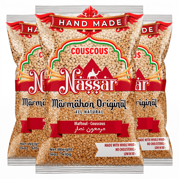 De Mi Pais Marmahon Couscous, Handmade, Whole Wheat Pearls, Middle Eastern Pantry, 14 Oz, 3-Pack
