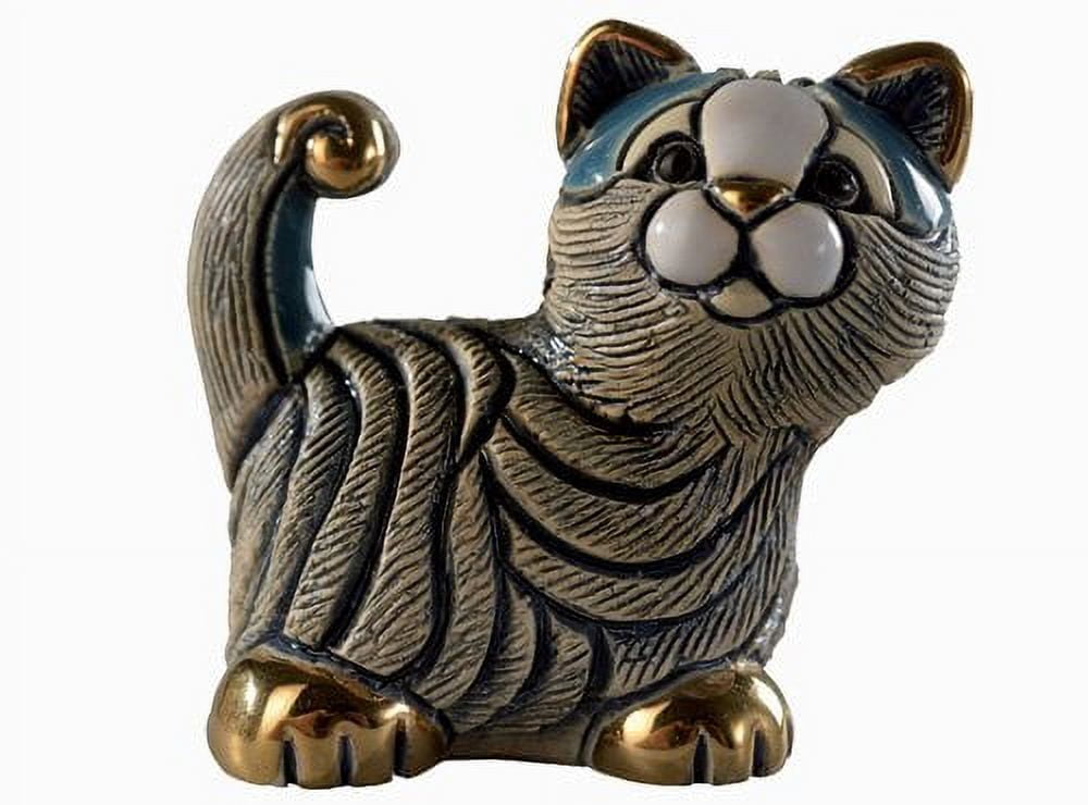 Handcrafted Blue and Gold Ceramic Mini Cat Figurine