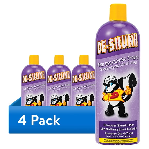(4 pack) De-Skunk Odor Eliminating Shampoo for Dogs, Cats & Home, 32 oz