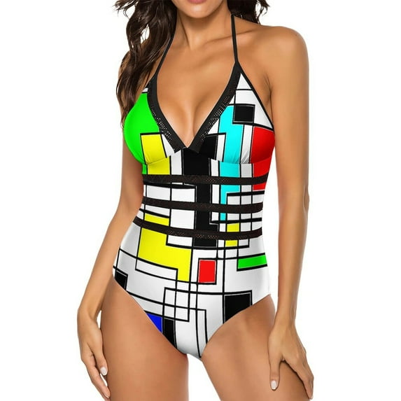 De Stijl Swimsuit Geometric Print One Piece Swimwear Push Up Swimsuits Fashion Holiday Rave Bathing Suits