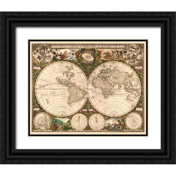 De Wit, Frederick 14x12 Black Ornate Wood Framed with Double Matting Museum Art Print Titled - World Map