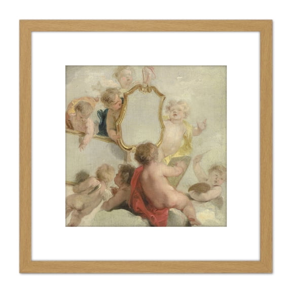 De Wit Putti With Mirrors Cherub Babies Painting 8X8 Inch Square Wooden Framed Wall Art Print Picture with Mount