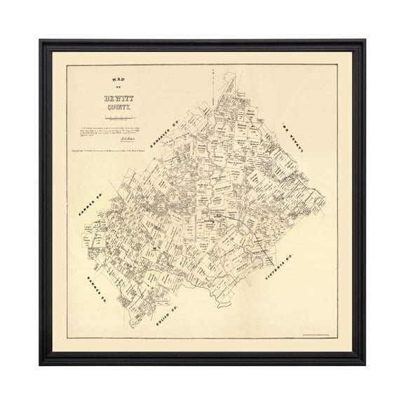 De Witt County Texas Art, 1881 Vintage Map of De Witt County TX History Wall Decor Gift, Old De Witt County TX Map - 24" x 24" Black Framed Print