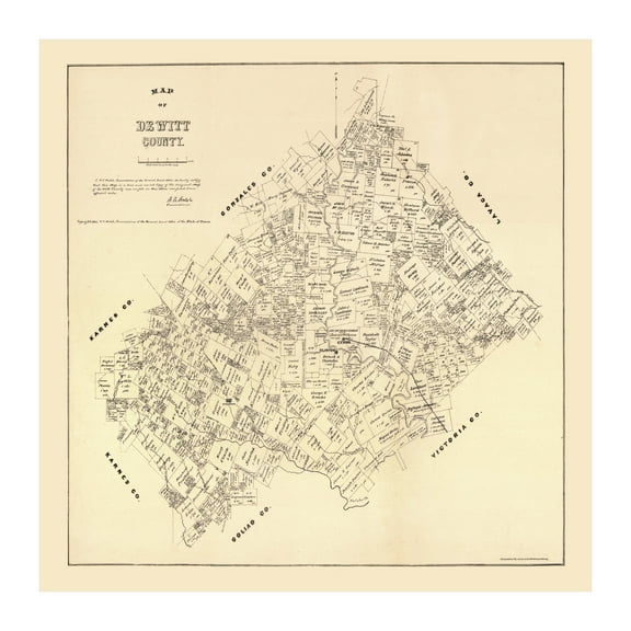 De Witt County Texas Art, 1881 Vintage Map of De Witt County TX History Wall Decor Gift, Old De Witt County TX Map - 30" x 30" Unframed Print