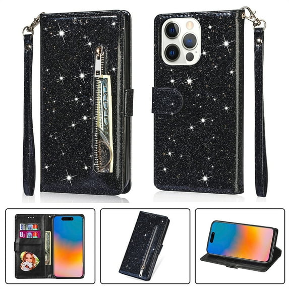 DeCase Fashionable for iPhone 15 Plus Wallet Case, Glitter Bling Sparkle Leather Folio, Zipper Pocket, Magnet Clasp, 3 Card Holders, Strap & Stand for iPhone 15 Plus, Black