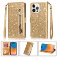 thumbnail image 1 of DeCase Fashionable for iPhone 15 Plus Wallet Case, Glitter Bling Sparkle Leather Folio, Zipper Pocket, Magnet Clasp, 3 Card Holders, Strap & Stand for iPhone 15 Plus, Gold, 1 of 7