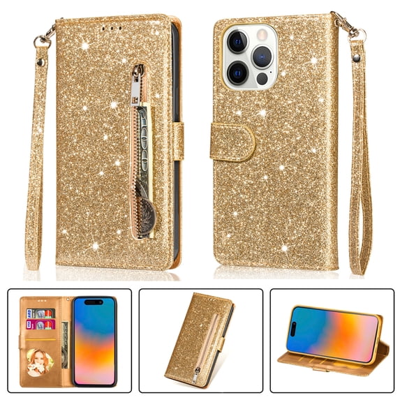 DeCase Fashionable for iPhone 15 Plus Wallet Case, Glitter Bling Sparkle Leather Folio, Zipper Pocket, Magnet Clasp, 3 Card Holders, Strap & Stand for iPhone 15 Plus, Gold