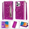 thumbnail image 1 of DeCase Fashionable for iPhone 15 Plus Wallet Case, Glitter Bling Sparkle Leather Folio, Zipper Pocket, Magnet Clasp, 3 Card Holders, Strap & Stand for iPhone 15 Plus, Purple, 1 of 7