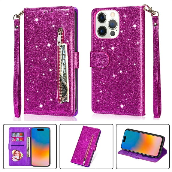 DeCase Fashionable for iPhone 15 Plus Wallet Case, Glitter Bling Sparkle Leather Folio, Zipper Pocket, Magnet Clasp, 3 Card Holders, Strap & Stand for iPhone 15 Plus, Purple