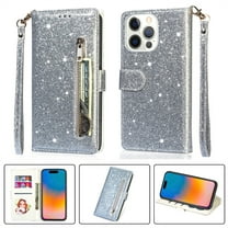 DeCase Fashionable for iPhone 15 Pro Max Wallet Case, Glitter Bling Sparkle Leather Folio, Zipper Pocket, Magnet Clasp, 3 Card Holders, Strap & Stand for iPhone 15 Pro Max, Silver