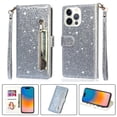 thumbnail image 1 of DeCase Fashionable for iPhone 15 Pro Wallet Case, Glitter Bling Sparkle Leather Folio, Zipper Pocket, Magnet Clasp, 3 Card Holders, Strap & Stand for iPhone 15 Pro, Silver, 1 of 7