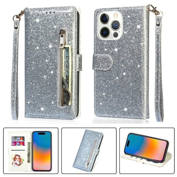 DeCase Fashionable for iPhone 15 Pro Wallet Case, Glitter Bling Sparkle Leather Folio, Zipper Pocket, Magnet Clasp, 3 Card Holders, Strap & Stand for iPhone 15 Pro, Silver