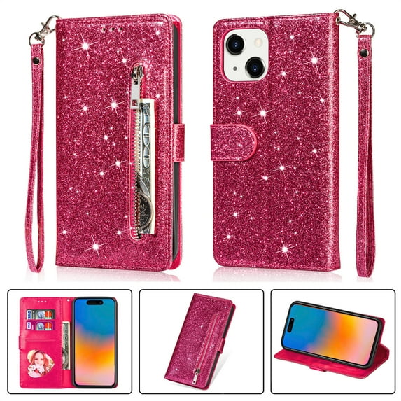 DeCase Fashionable for iPhone 15 Wallet Case, Glitter Bling Sparkle Leather Folio, Zipper Pocket, Magnet Clasp, 3 Card Holders, Strap & Stand for iPhone 15, Rose