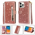 thumbnail image 1 of DeCase Fashionable for iPhone 15 Wallet Case, Glitter Bling Sparkle Leather Folio, Zipper Pocket, Magnet Clasp, 3 Card Holders, Strap & Stand for iPhone 15, Rosegold, 1 of 7