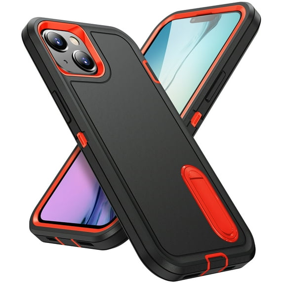 DeCase Heavy-Duty 3-Layer Military Protection Case for Apple iPhone 15 Plus - Shock Resistant Armor with Hidden Kickstand, Hybrid Bumper, Rugged Rubber Phone Cover, Black+Orange