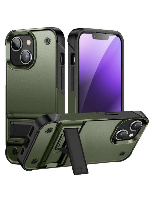 Military-Grade for iPhone 15 Case - Heavy-Duty Drop Protection, Slim Hard Back Cover with Invisible Kickstand Rugged Shockproof Cover Case, Armygreen