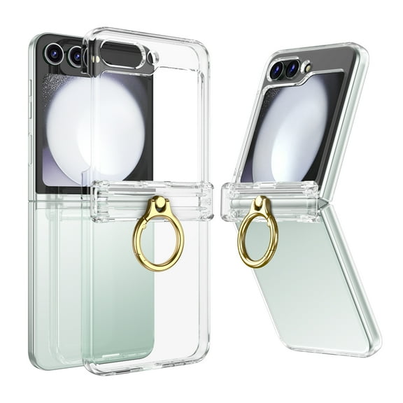 DeCase for Samsung Galaxy Z Flip 5 - Rugged Shockproof PC Hinge Protector Case with Ring Stand - Enhanced Protection and Convenient Hands-Free Viewing, Clear