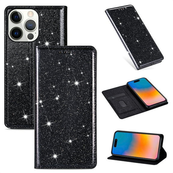 DeCase Stylish Magnetic Flip Wallet Case for iPhone 15 Pro Max, Slim PU Leather Sparkle Bling Glitter Cover, Card Slot and Kickstand, Shockproof  Shell for iPhone 15 Pro Max,Black