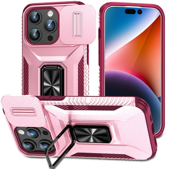 DeCase for iPhone 11 Pro Max, Slim Shockproof Anti-Scratch with Built-in Magnetic Rotation Ring Holder Stand Case,Rugged Non-Slip Slide Lens Protector Hard Case Cover, pink