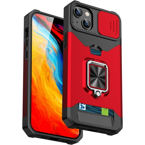 DeCase iPhone 15 Case - Sliding Lens Cover, Card Holder, Heavy-Duty Protection, Ring Kickstand, Wallet, Magnetic Car Mount Support, All-in-One Phone Case, Red