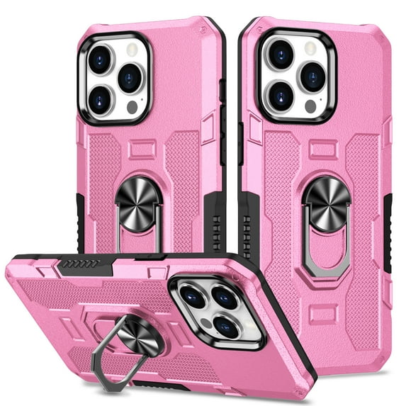DeCase for iPhone 15 Magnetic Ring Holder Kickstand Case, Anti-Fingerprint, Non-Slip Grip, Heavy-Duty Corner Protection Rugged Defender Case for 2023 iPhone 15, Pink