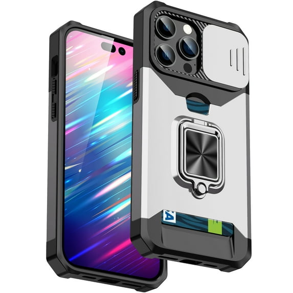 DeCase iPhone 15 Pro Max Case - Sliding Lens Cover, Card Holder, Heavy-Duty Protection, Ring Kickstand, Wallet, Magnetic Car Mount Support, All-in-One Phone Case, Silver