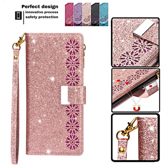 DeCase for iPhone 15 Pro Max Sparkle Bling Glitter Wallet Case, Magnetic Flip Cover with Zipper, Wrist Strap, Card Slot, Kickstand - Shockproof Protection for Girls & Ladies, Rosegold