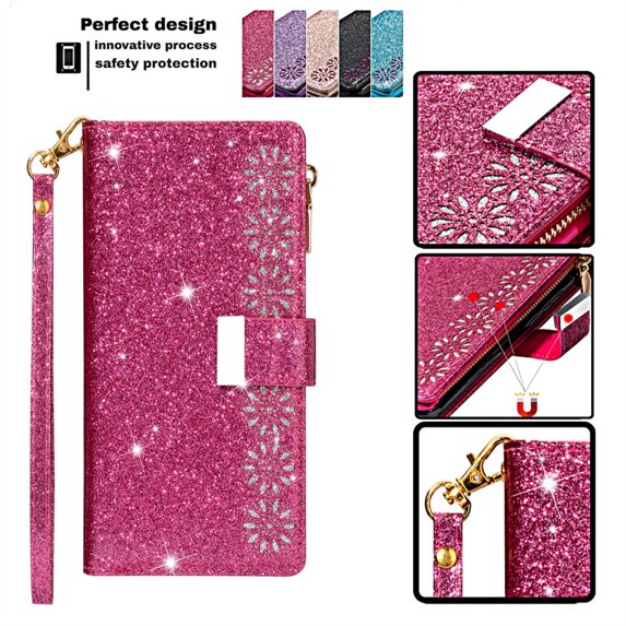 DeCase for iPhone 15 Pro Max Sparkle Bling Glitter Wallet Case, Magnetic Flip Cover with Zipper, Wrist Strap, Card Slot, Kickstand - Shockproof Protection for Girls & Ladies, Rose