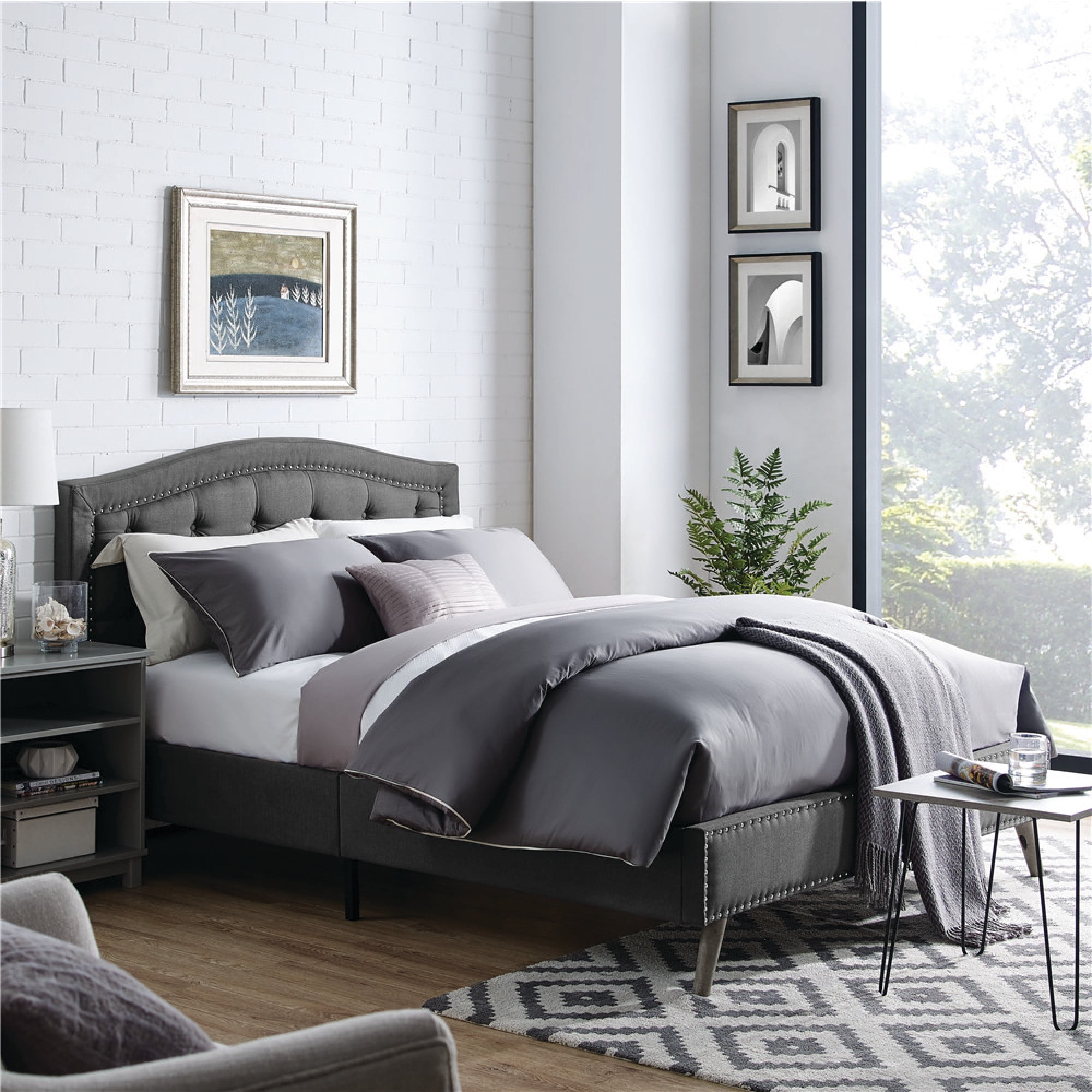 DeCoro Austin Diamond Tufted Upholstered Platform Bed | Headboard and Wood Frame with Wood Slat Support, King, Peyton Steel
