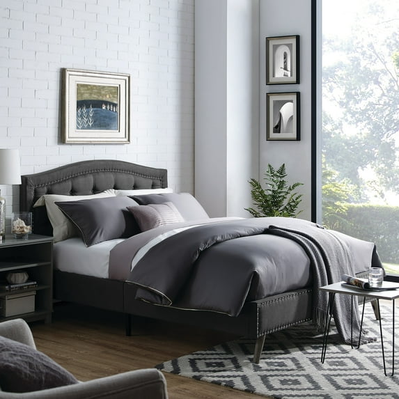 DeCoro Austin Diamond Tufted Upholstered Platform Bed | Headboard and Wood Frame with Wood Slat Support, Queen, Antonio Mid Night