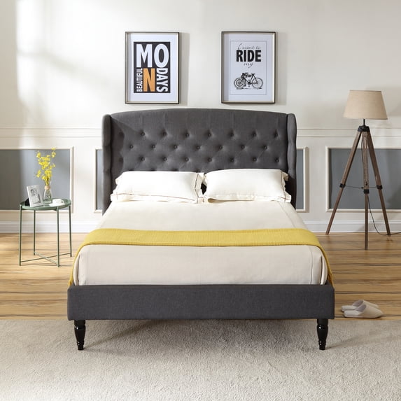 DeCoro Brighton Upholstered Platform Bed | Headboard and Wood Frame with Wood Slat Support | Grey, Queen