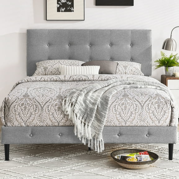 DeCoro Cambridge Easy Assembly Upholstered Platform Bed with Headboard, Metal Frame with Solid Wood Slat Support, No Box Spring Required and Noise-free, King, Light Grey