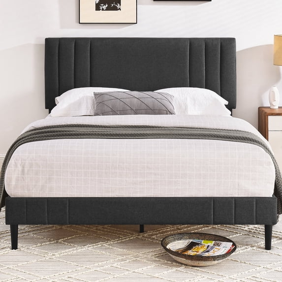 DeCoro Chicago Modern Upholstered Platform Bed Frame, Tufted Headboard & Wooden Bed Frame, Wood Slats Support, Bed Frame No Box Spring Needed, Lightweight, Durable, Easy Assembly - King, Dark Grey