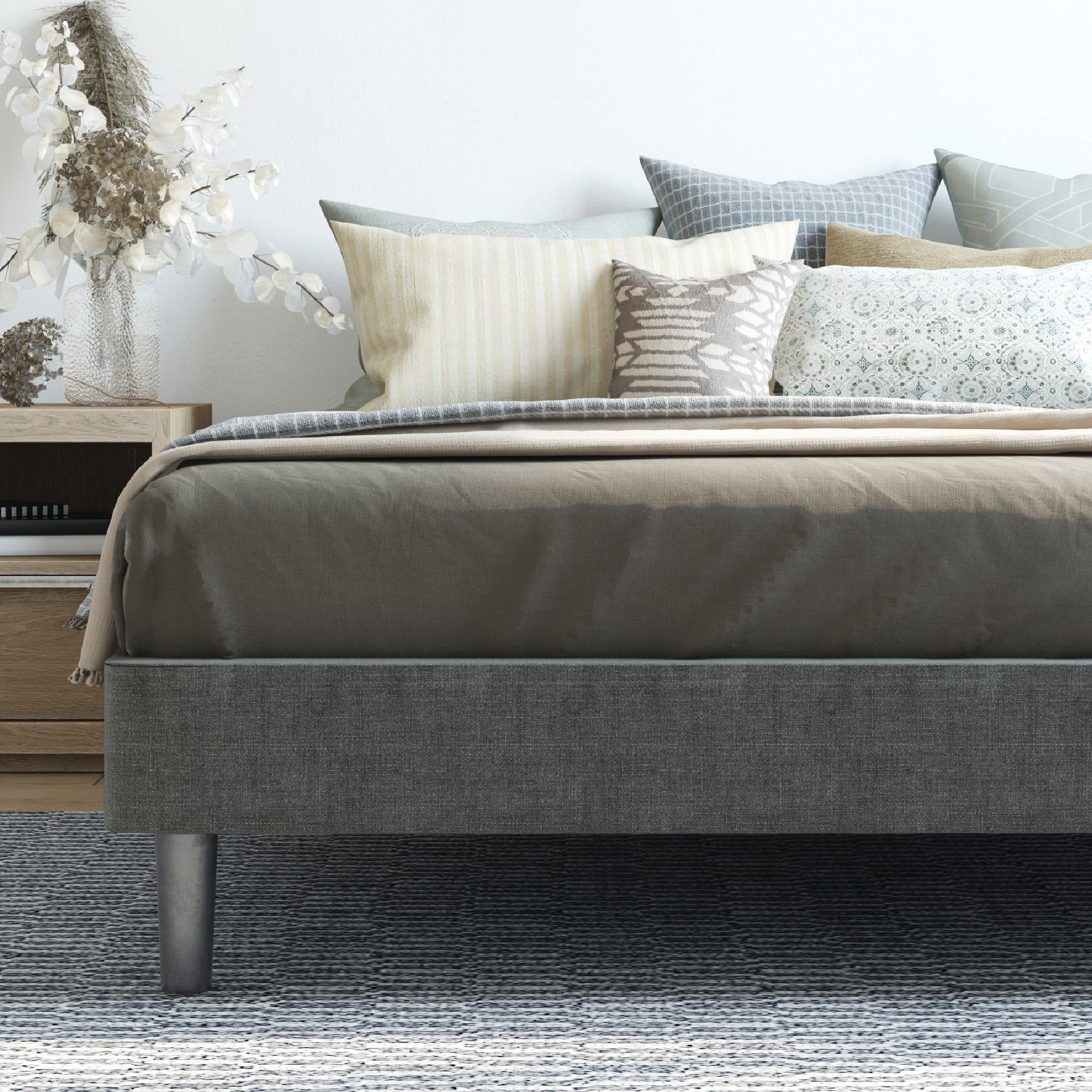 DeCoro Claridge Upholstered Mattress Foundation | Platform Bed | Metal Frame with Wood Slat Support | Grey, King