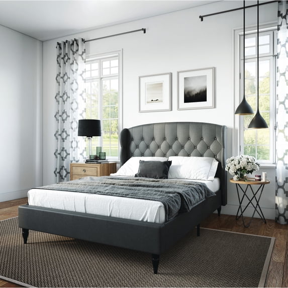 DeCoro Coventry Upholstered Platform Metal Bed Frame, Full, Gray