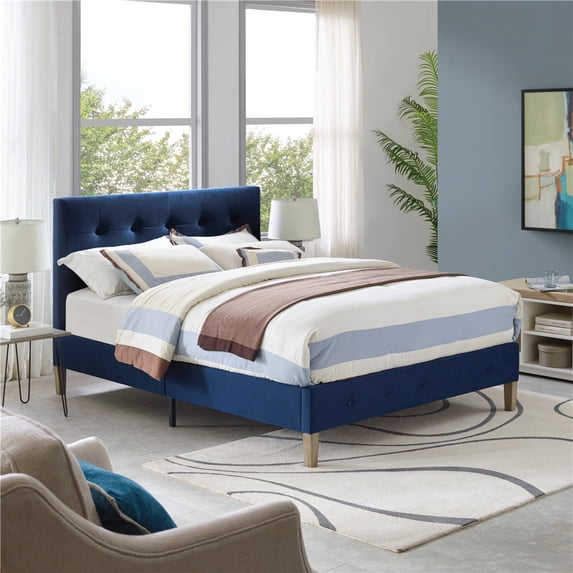 DeCoro Seattle Modern Tufted Easy Assembly Upholstered Platform Bed with Headboard, Wood Frame with Solid Wood Slat Support, No Box Spring Required and Noise-free, Queen, Antonio Sapphire