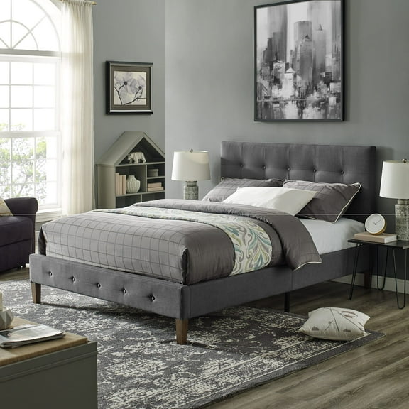 DeCoro Seattle Modern Tufted Upholstered Platform Bed | Headboard and Wood Frame with Wood Slat Support, Full, Peyton Steel