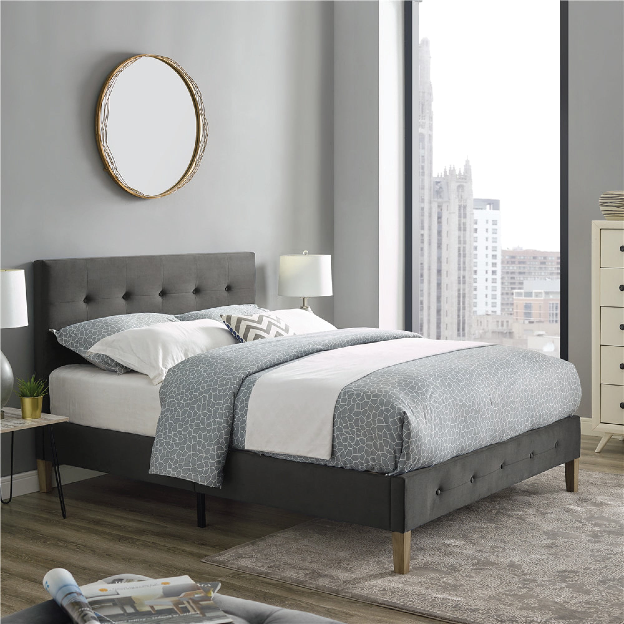 DeCoro Seattle Modern Tufted Upholstered Platform Bed | Headboard and Wood Frame with Wood Slat Support, King, Antonio Mid Night
