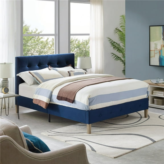 DeCoro Seattle Modern Tufted Upholstered Platform Bed | Headboard and Wood Frame with Wood Slat Support, King, Antonio Sapphire