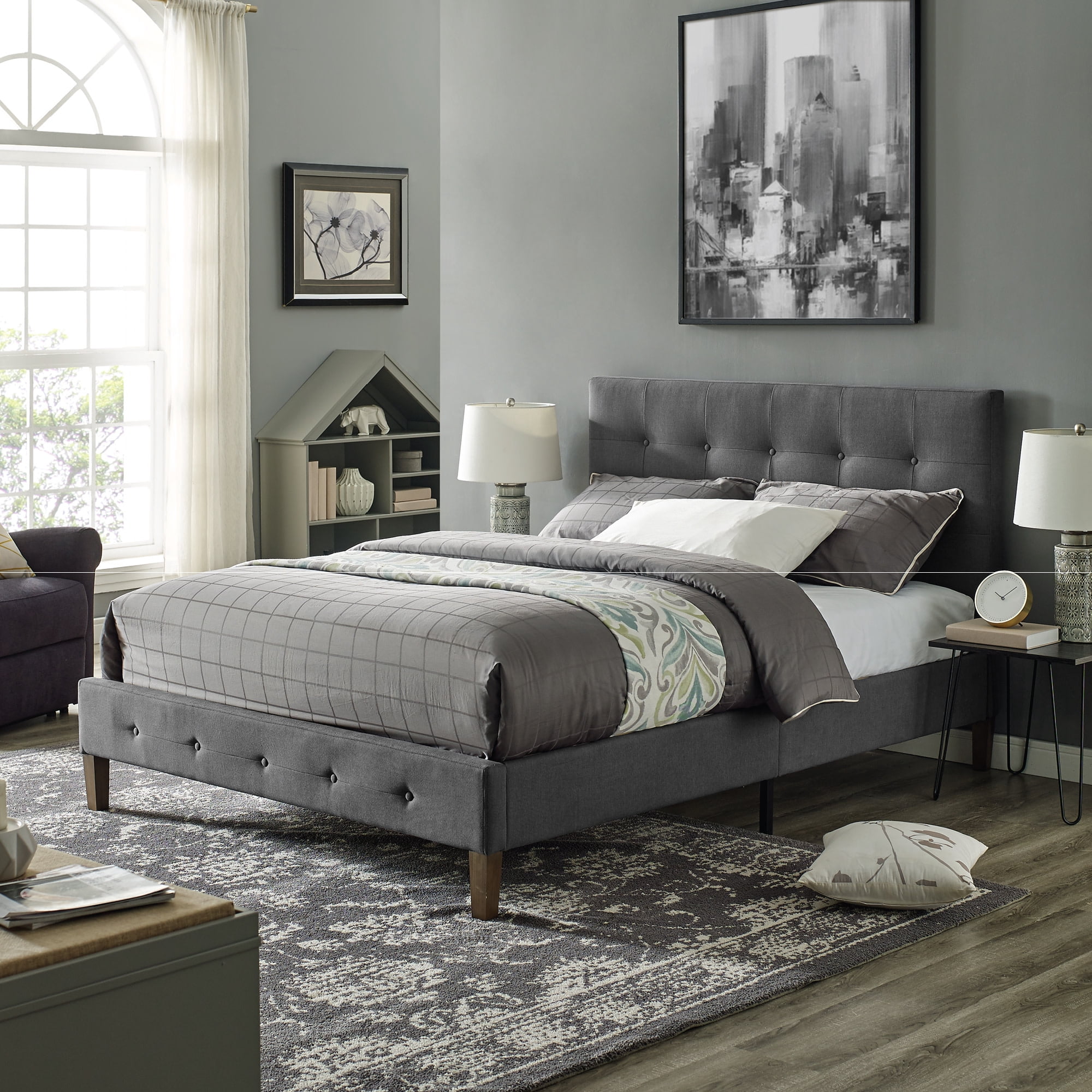 DeCoro Seattle Modern Tufted Upholstered Platform Bed | Headboard and Wood Frame with Wood Slat Support, King, Peyton Steel