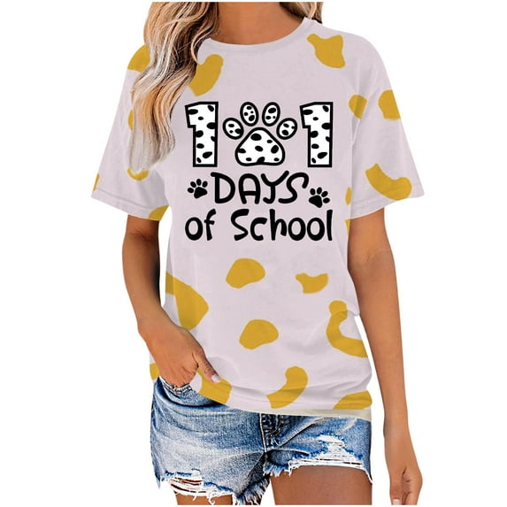 QQAMB 101 Days of School Shirt for Women Dalmatian Dog Print Short Sleeve Crewneck T-shirt School Days Tee Tops Gold 3XL
