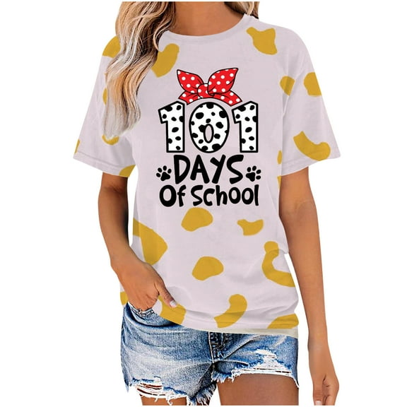 QQAMB 101 Days of School Shirt for Women Dalmatian Dog Print Short Sleeve Crewneck T-shirt School Days Tee Tops Gold L