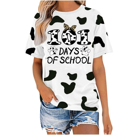 DeHolifer 101 Days of School Shirt for Women Dalmatian Dog Print Short Sleeve Crewneck T-shirt School Days Tee Tops White 3XL