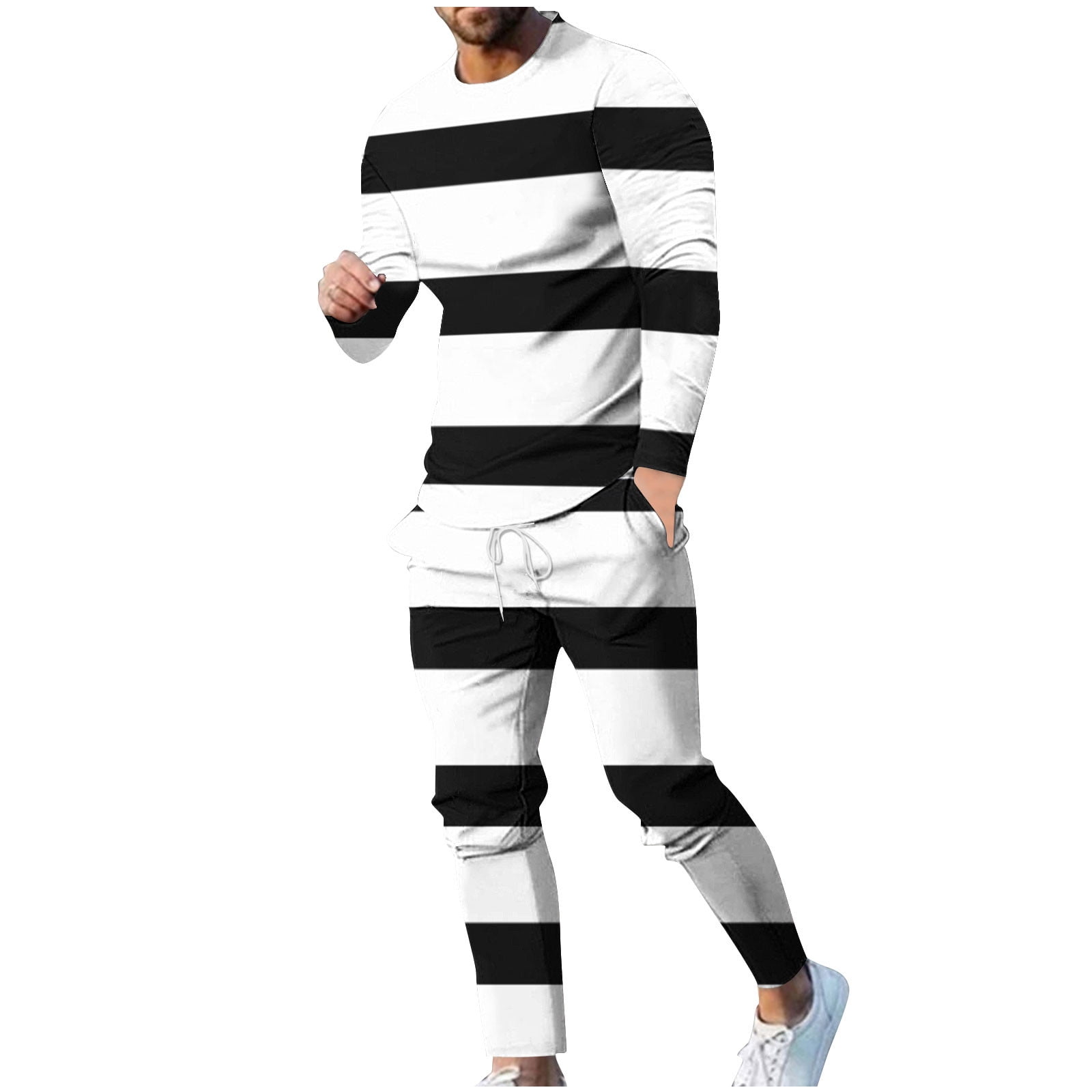 DeHolifer 2 Piece Outfits Sets for Men Strip Printed Crewneck Long ...