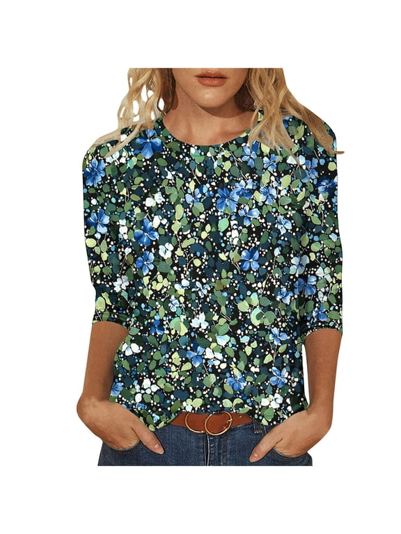 3/4 Length Sleeve Womens Tops Boho Floral Spring T-Shirt Solid Color Summer Tops Trendy Pleated Front Shirts Beach Top Green 3XL