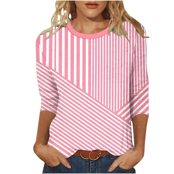 DeHolifer 3/4 Length Sleeve Womens Tops Boho Floral Spring T-Shirt Solid Color Summer Tops Trendy Pleated Front Shirts Beach Top Pink L