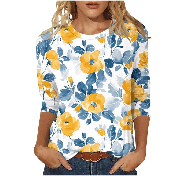 DeHolifer 3/4 Length Sleeve Womens Tops Boho Floral Spring T-Shirt Solid Color Summer Tops Trendy Pleated Front Shirts Beach Top Yellow M